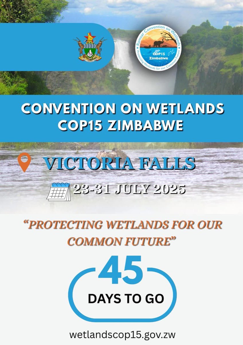 Only 45 days left until COP15 kicks off in Victoria Falls, Zimbabwe! From July 23rd-31st, the world's focus will be on wetland conservation.

#COP15 #WetlandsConservation #VictoriaFalls #Zimbabwe #ActOnWetlands