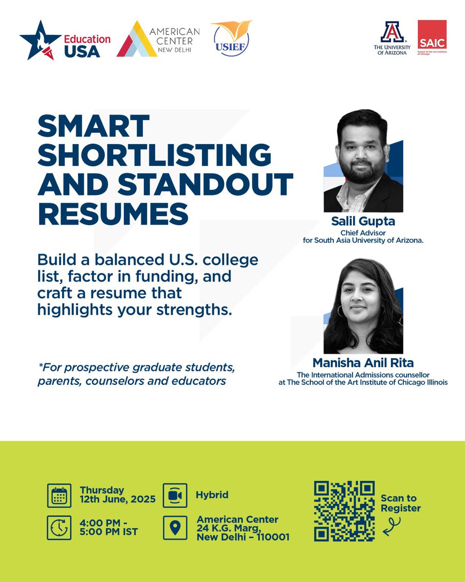 Applying for Graduate studies in the U.S.? 

Join our expert-led hybrid session on “Graduate Admissions: Smart Shortlisting &amp; Standout Resumes” to learn how to create a balanced college list and craft a strong resume that highlights your strengths.

Get tips on:
● Researching