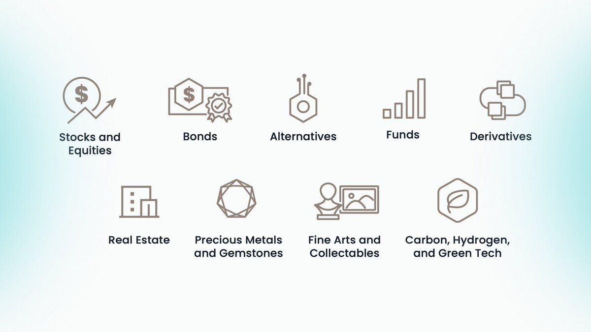Stocks &amp; Equities.
Bonds.
Funds.
Derivatives.
Real Estate.
Precious Metals &amp; Gemstones.
Fine Arts &amp; Collectables.
Carbon, Hydrogen &amp; Green Tech.

What they all have in common is that they are tokenized on Chintai Nexus.
