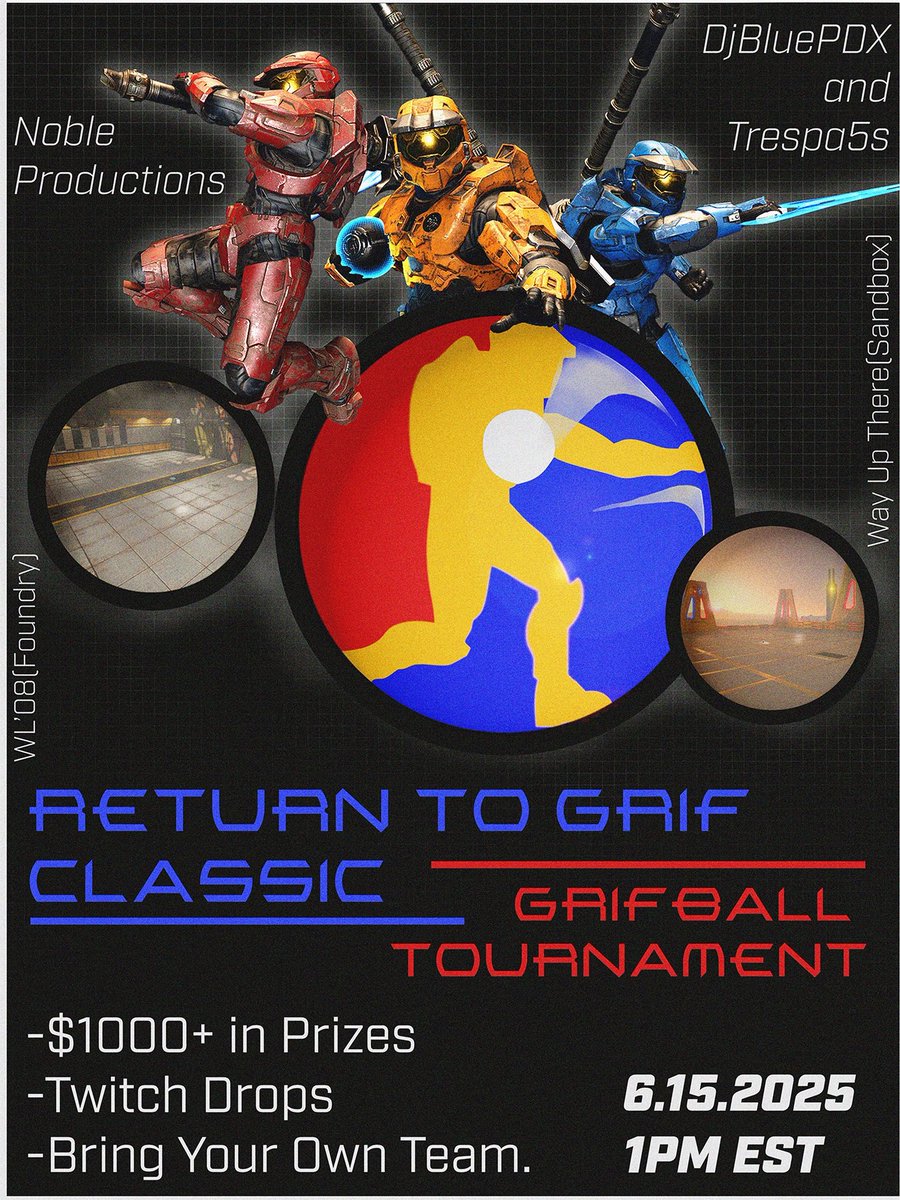 Halo Infinite Grifball in 2 days!!

We are hosting a classic Grifball tournament on June 15th at 1:00pm EST! Signup: battlefy.com/playgrifball/r…

- $1,000+ prize pool
- twitch drops
- bring your own team
- casting by <a href="/DJBluePDX/">DJBluePDX</a> and <a href="/Trespa5s/">Trespa5s</a> 
- production by <a href="/NBLProduction/">Noble Productions</a>