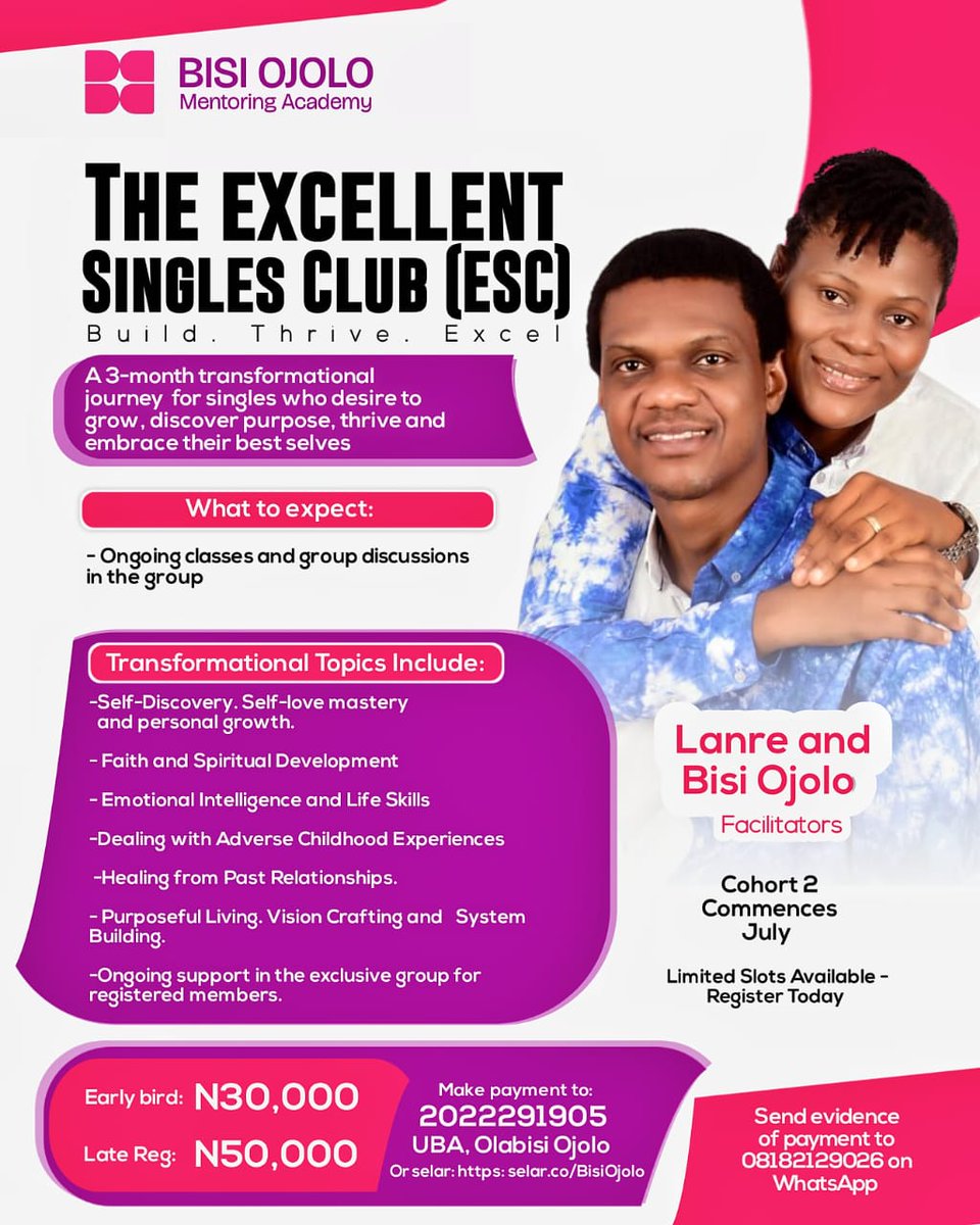 bisiojolo's tweet photo. 1. Singles, don't start a relationship without attending the Excellent Singles Club. Many challenging situations people face in marriage are avoidable. https://t.co/yMDiz6T5Tt