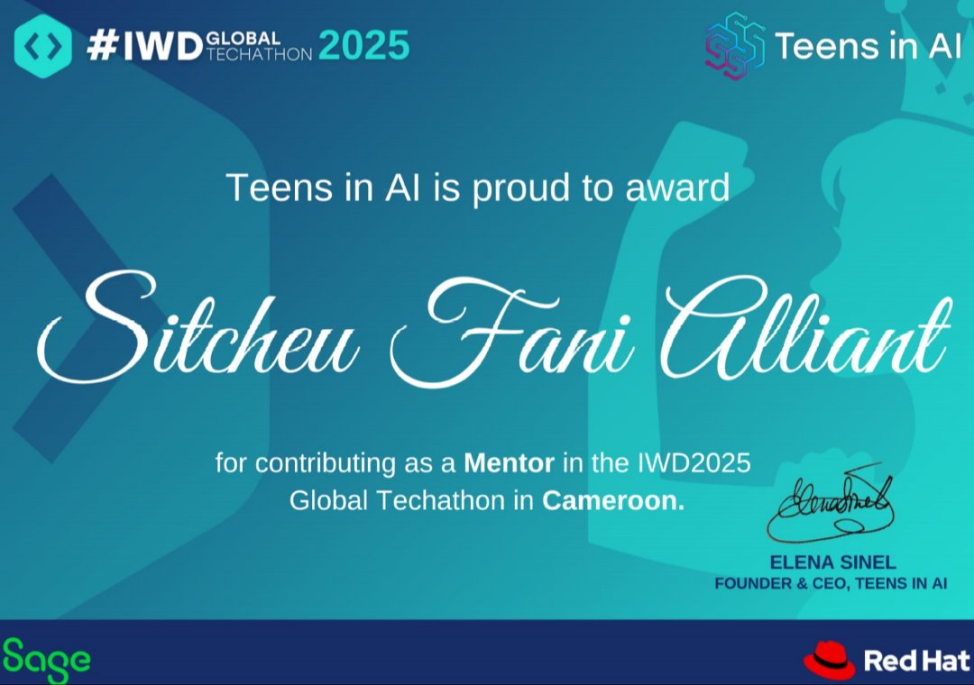 Alliant_Chany_SITCHEU_FANI_🇨🇲 (@alliantf) on Twitter photo 🗣️ Dear Community,
I Happ to share with you my award certificat of the #IWD_GlobalTechathon2025 for <a href="/TeensInAI/">teensinai</a> . 😃❤️✊💻📊⤵️
#ODD4 #ODD10 <a href="/Raec122019/">Association Panafricaine -RAEC</a> <a href="/achpr_cadhp/">African Commission on Human and Peoples' Rights</a> <a href="/UN_Careers/">UN Careers</a> <a href="/WorldBank/">World Bank</a> <a href="/YouthCohort/">Youth Democracy Cohort</a> <a href="/ifef_oif/">IFEF</a> <a href="/IFDD_OIF/">IFDD</a> <a href="/ITU/">Int’l Telecommunication Union</a> <a href="/UNESCO/">UNESCO 🏛️ #Education #Sciences #Culture 🇺🇳</a> <a href="/UNICEFAfrica/">UNICEF Africa</a> 🗣️ Dear Community,
I Happ to share with you my award certificat of the #IWD_GlobalTechathon2025 for <a href="/TeensInAI/">teensinai</a> . 😃❤️✊💻📊⤵️
#ODD4 #ODD10 <a href="/Raec122019/">Association Panafricaine -RAEC</a> <a href="/achpr_cadhp/">African Commission on Human and Peoples' Rights</a> <a href="/UN_Careers/">UN Careers</a> <a href="/WorldBank/">World Bank</a> <a href="/YouthCohort/">Youth Democracy Cohort</a> <a href="/ifef_oif/">IFEF</a> <a href="/IFDD_OIF/">IFDD</a> <a href="/ITU/">Int’l Telecommunication Union</a> <a href="/UNESCO/">UNESCO 🏛️ #Education #Sciences #Culture 🇺🇳</a> <a href="/UNICEFAfrica/">UNICEF Africa</a>