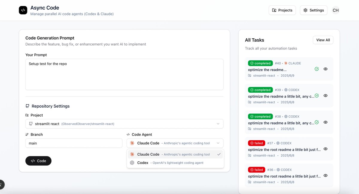 ob12er's tweet image. Just vibe code a new open source project, alternative to codex cloud / cursor background agent.

For vibe coders who want a self-host code agent platform for parallel tasks that can use both codex and claude code, or even custom agents.

github.com/ObservedObserv…