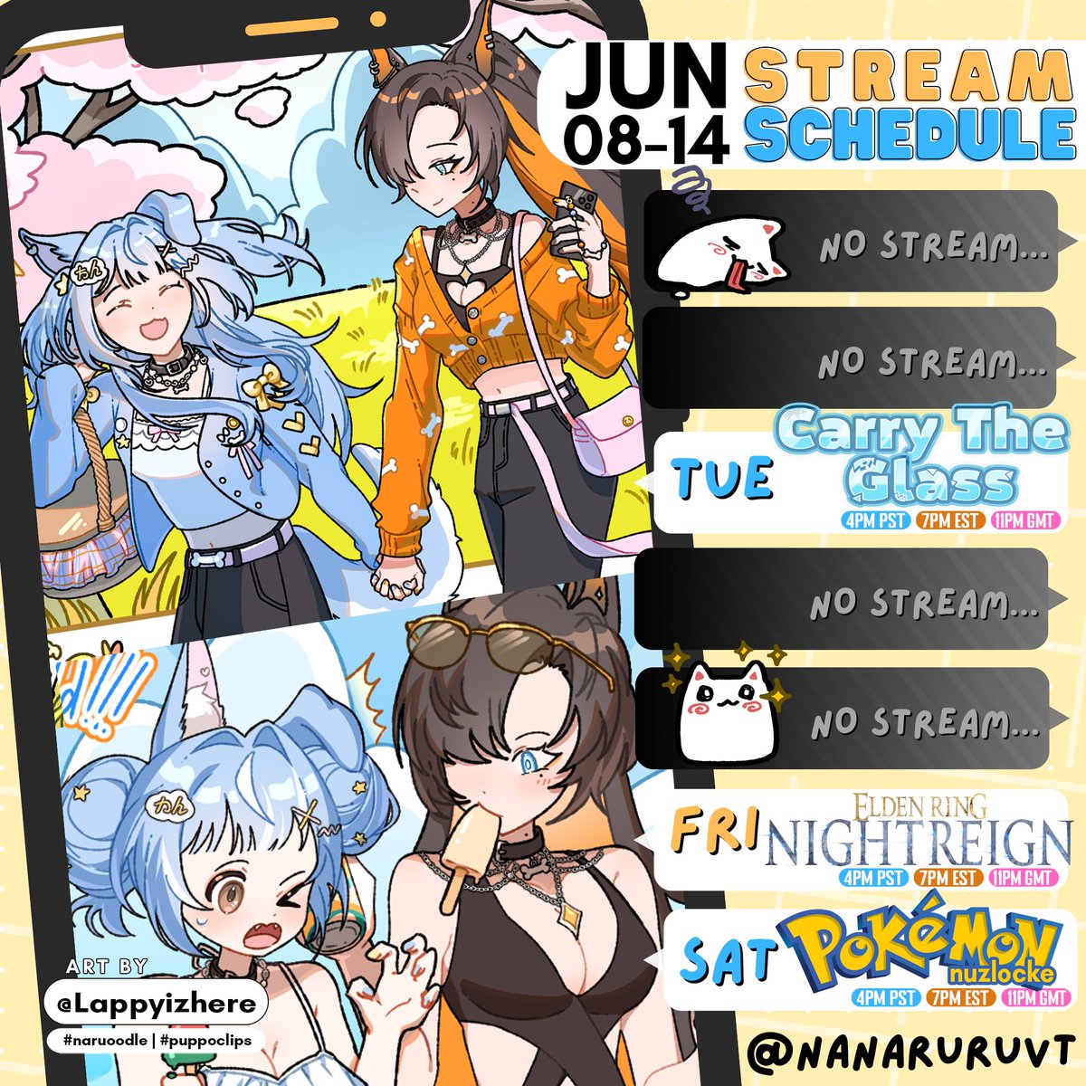 NanaruruVT's tweet image. ⋆⁺₊🐶📡WEEKLY SCHEDULE【06/08→ 06/14】

Ruru let me convince her to finish Carry the Glass, but she said it was the LAST TIME. COME CHEER US ON TO FINISH!
------------------------------------------
🎥#puppoclips
✏️#naruoodle
🔞#puppo34
🐶🐶#nanaruruvt