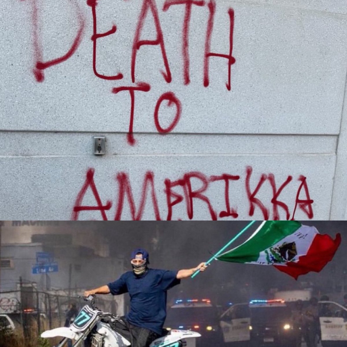 Vandalizing the city, burning up cars, attacking law enforcement, all while spraying these messages on walls and parading around with a foreign nation’s flag. THIS IS WHAT AN INVASION LOOKS LIKE!  This is not a demonstration. #ifyoudontloveitleaveit #USAisbeinginvaded #terrorists