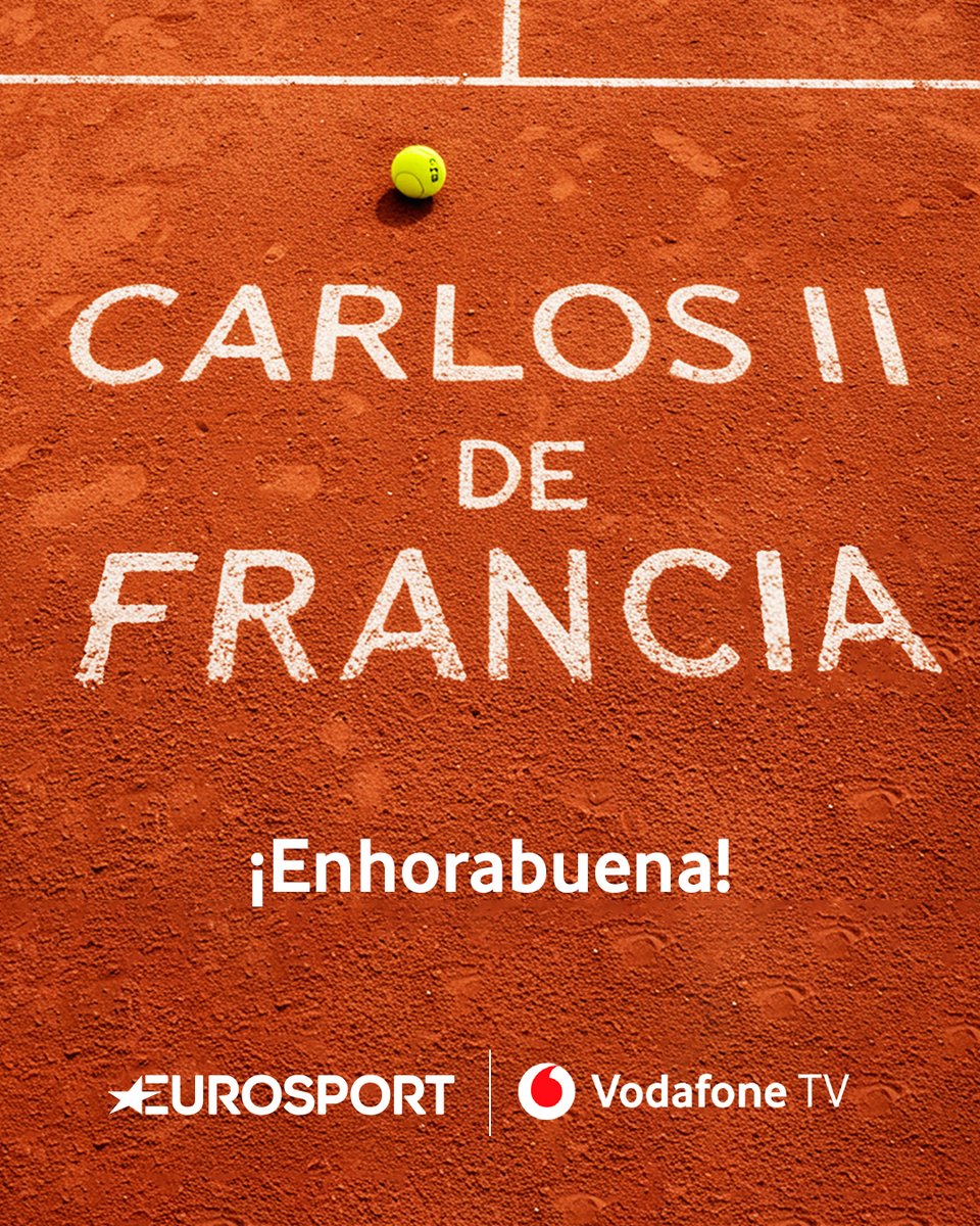 👑 Carlitos II de Francia

🎾 La tierra batida tiene nuevo Rey. Enhorabuena, <a href="/carlosalcaraz/">Carlos Alcaraz</a>, por tu segundo #RolandGarros.

🏆 Vive de nuevo la final completa entre Alcaraz y Sinner en <a href="/Eurosport_ES/">Eurosport.es</a> con la funcionalidad Ultimos 7 Días de Vodafone TV.