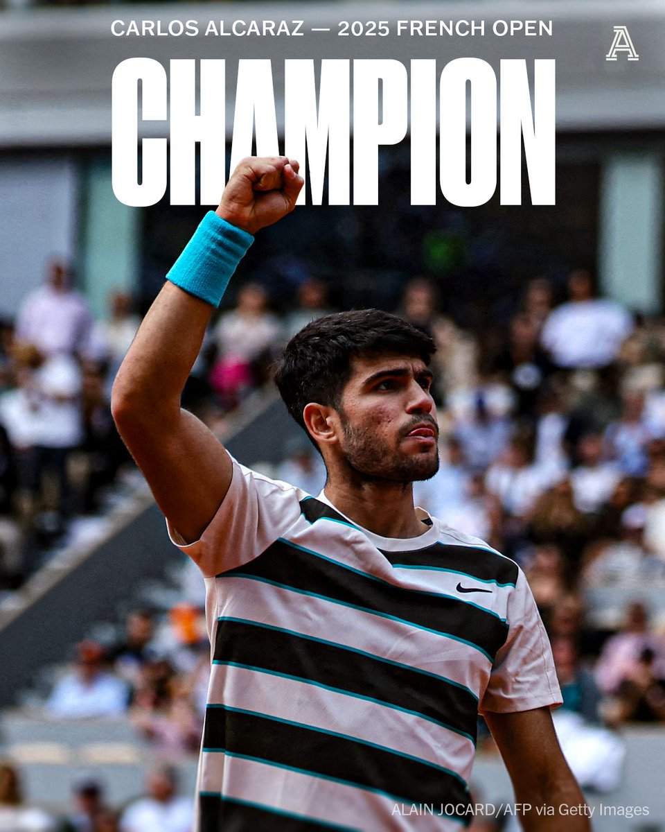 CARLOS ALCARAZ RETAINS HIS CROWN 🏆

The Spaniard comes back to win a five-set thriller for the ages to defeat Jannik Sinner 4-6, 6-7, 6-4, 7-6, 7-6 and capture his second straight title at Roland Garros.