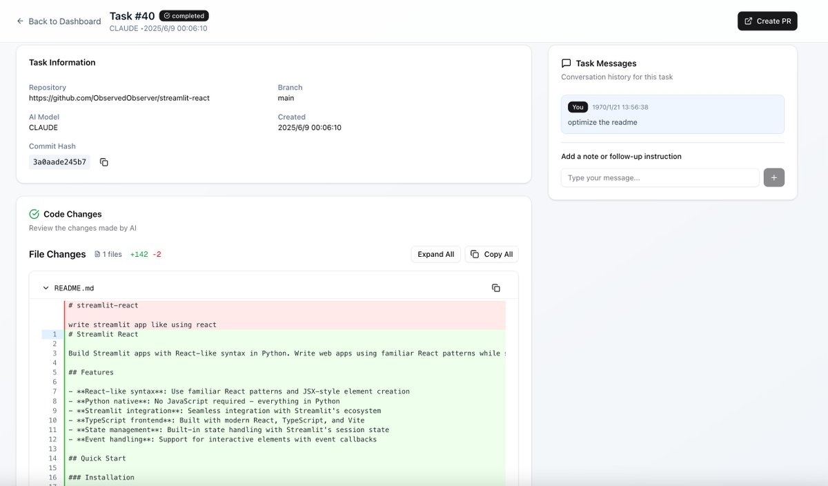 ob12er's tweet image. Just vibe code a new open source project, alternative to codex cloud / cursor background agent.

For vibe coders who want a self-host code agent platform for parallel tasks that can use both codex and claude code, or even custom agents.

github.com/ObservedObserv…