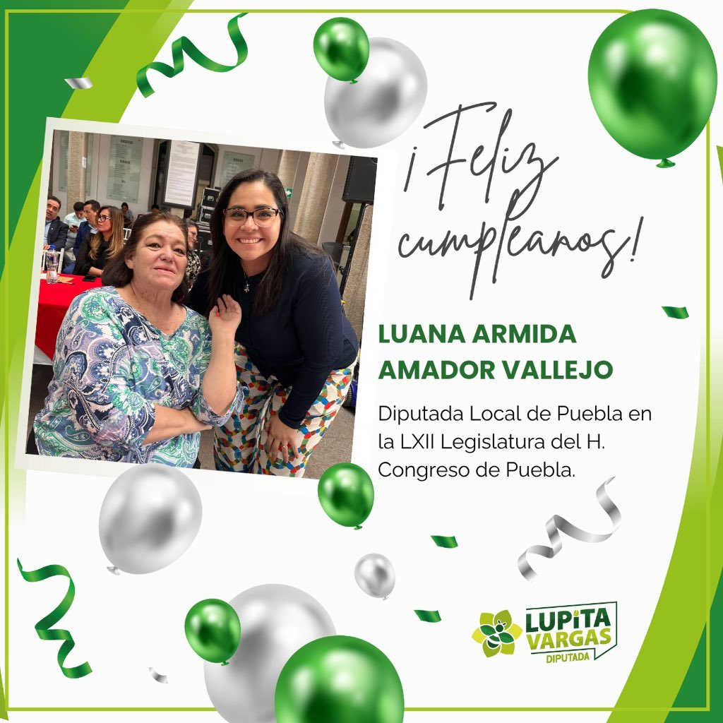 Lupita Vargas (@lupitavargasmx) on Twitter photo ¡Felicidades 🎉, Diputada <a href="/luana_amadorv/">Luana Amador Vallejo</a>!
Deseo que tenga un gran día en compañía de su familia y seres queridos.
Mis mejores deseos para este nuevo año de vida ✨🙌. ¡Felicidades 🎉, Diputada <a href="/luana_amadorv/">Luana Amador Vallejo</a>!
Deseo que tenga un gran día en compañía de su familia y seres queridos.
Mis mejores deseos para este nuevo año de vida ✨🙌.