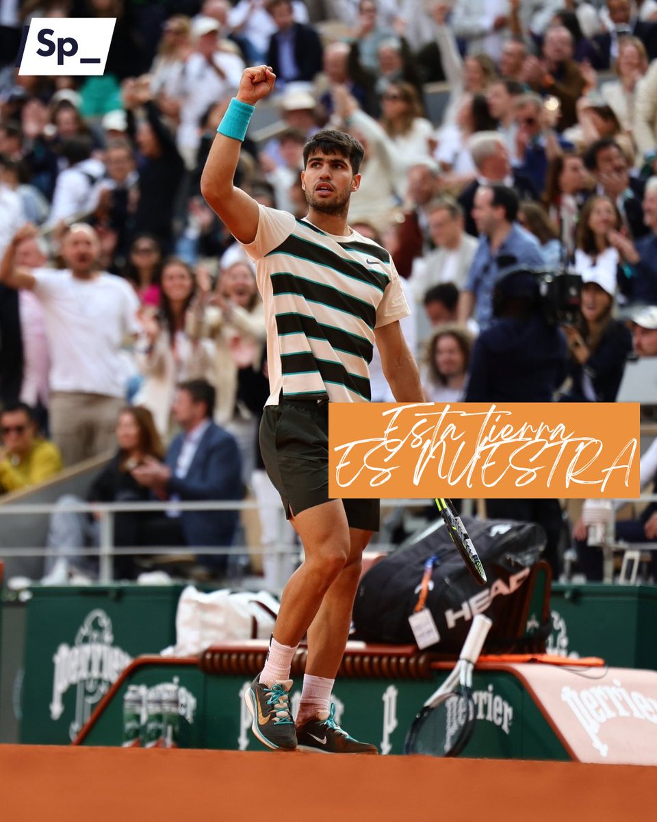 𝑬𝑺𝑻𝑨 𝑻𝑰𝑬𝑹𝑹𝑨 𝑬𝑺 𝑵𝑼𝑬𝑺𝑻𝑹𝑨

Carlos Alcaraz Garfia se acaba de proclamar CAMPEÓN DE ROLAND GARROS al vencer en 5 sets a Jannik Sinner en la mejor final de la historia del torneo. 

Perdía 2 sets a 0 y lo levantó. ¿La receta? 
“Cabeza, corazón y coj*****”