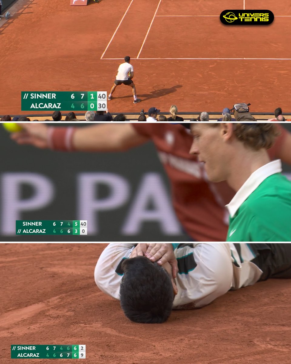 DEUX SETS DE RETARD.
UN BREAK DANS LE TROISIÈME SET.
UN BREAK DANS LE QUATRIÈME SET.
TROIS BALLES DE MATCH SAUVÉES.
5H29 EN FINALE DE #ROLANDGARROS

Carlos Alcaraz, qu'est-ce que tu viens de faire ? 😱
