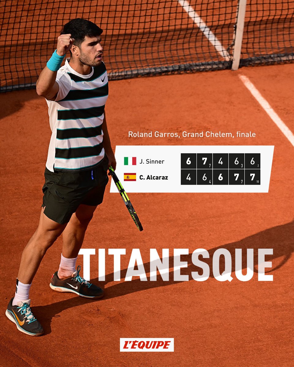 Carlos Alcaraz remporte son deuxième Roland-Garros, au terme d'une finale légendaire face à Jannik Sinner !

Le match : l.lequipe.fr/01S #RolandGarros