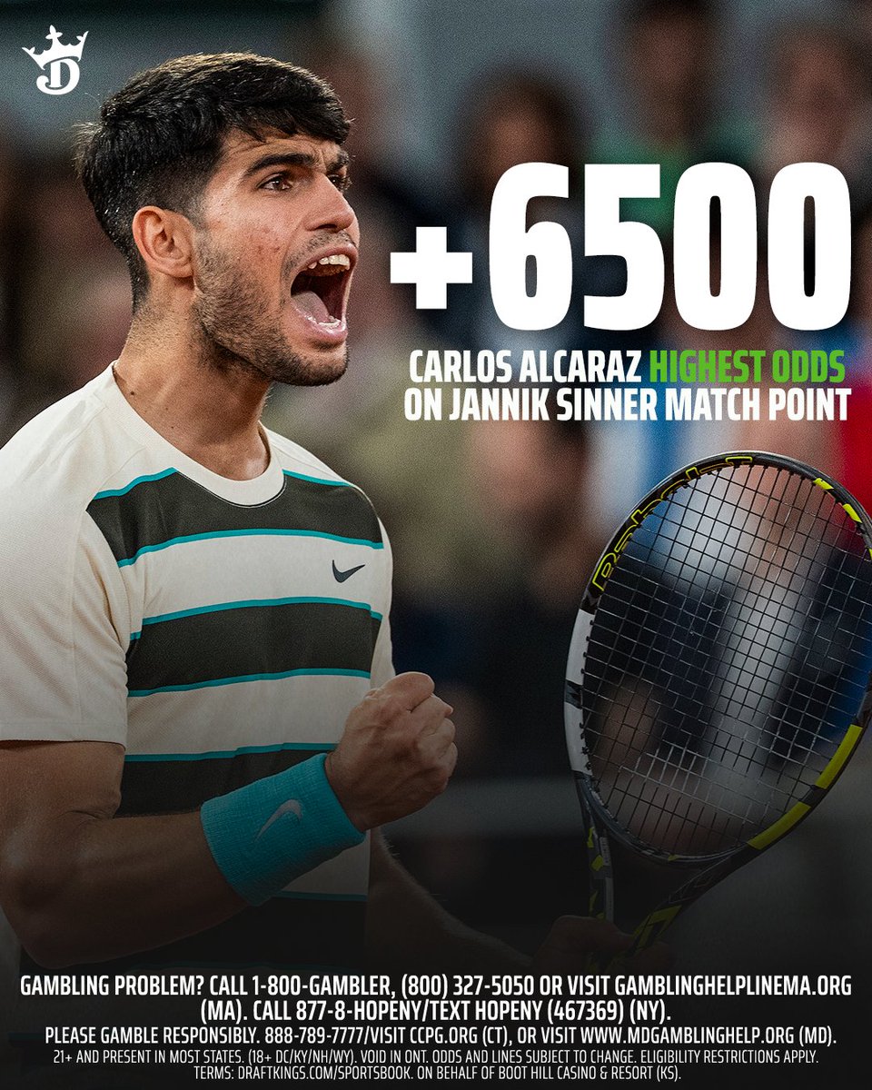DKSports's tweet photo. Carlos Alcaraz was +6500 when Jannik Sinner had match point.

One of the wildest comebacks you’ll ever see 🎾🔥 https://t.co/T0GrnO9wGC