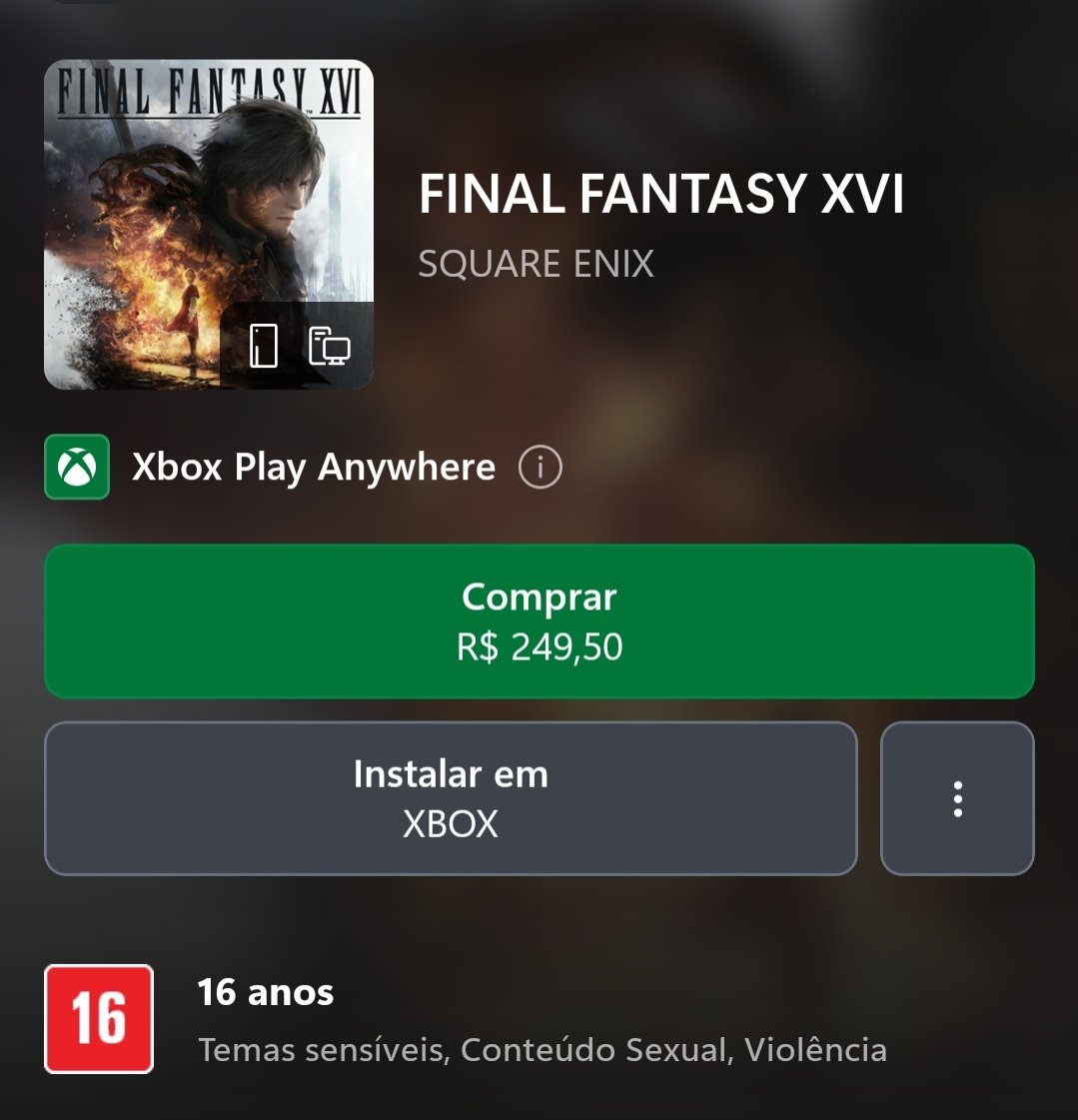 Final Fantasy XVI está disponível AGORA para Xbox Series X|S!

- Edição padrão: R$249,50
- Edição completa: R$349,90

Suporta Xbox Play Anywhere! ✅