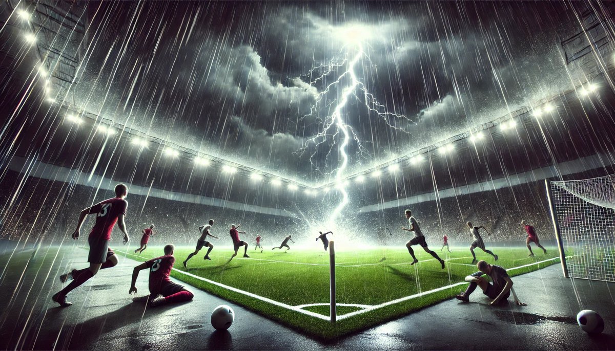 FlashToBlast's tweet photo. Lightning can strike open areas like a football pitch, especially during thunderstorms. Since it's a large, flat space with few tall objects, players and spectators are at risk. Always seek shelter immediately when you hear thunder or see lightning. https://t.co/In1GhcFmiP