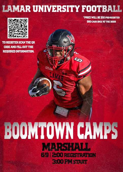 Kenneth Trezvant (@coachkt76) on Twitter photo 🔥 BOOMTOWN is BACK in Marshall! 🔥
📍 Lamar University Football
📅 June 9th
🕑 2:00 PM Registration | 3:00 PM Start
💵 $50 Pre-Register | $60 at the Door
📲 Scan the QR Code & Lock In!
This is where real dogs get evaluated. Let’s work. 💪
#BoomtownCamps #WeAreLU #TXHSFB 🔥 BOOMTOWN is BACK in Marshall! 🔥
📍 Lamar University Football
📅 June 9th
🕑 2:00 PM Registration | 3:00 PM Start
💵 $50 Pre-Register | $60 at the Door
📲 Scan the QR Code & Lock In!
This is where real dogs get evaluated. Let’s work. 💪
#BoomtownCamps #WeAreLU #TXHSFB