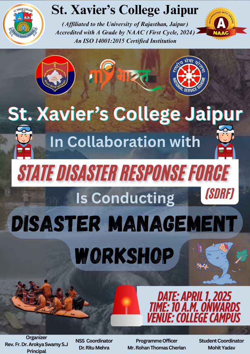 NSS_SXCJ's tweet photo. A Disaster Management Workshop was held on Apr 1, 2025, at St. Xavier’s College by SDRF. Volunteers learned first aid, fire safety &amp; rope rescue techniques through live demos. The session built emergency readiness within volunteers. #NSS #SDRF #DisasterPreparedness #YouthPower https://t.co/gHxVvkSwBE