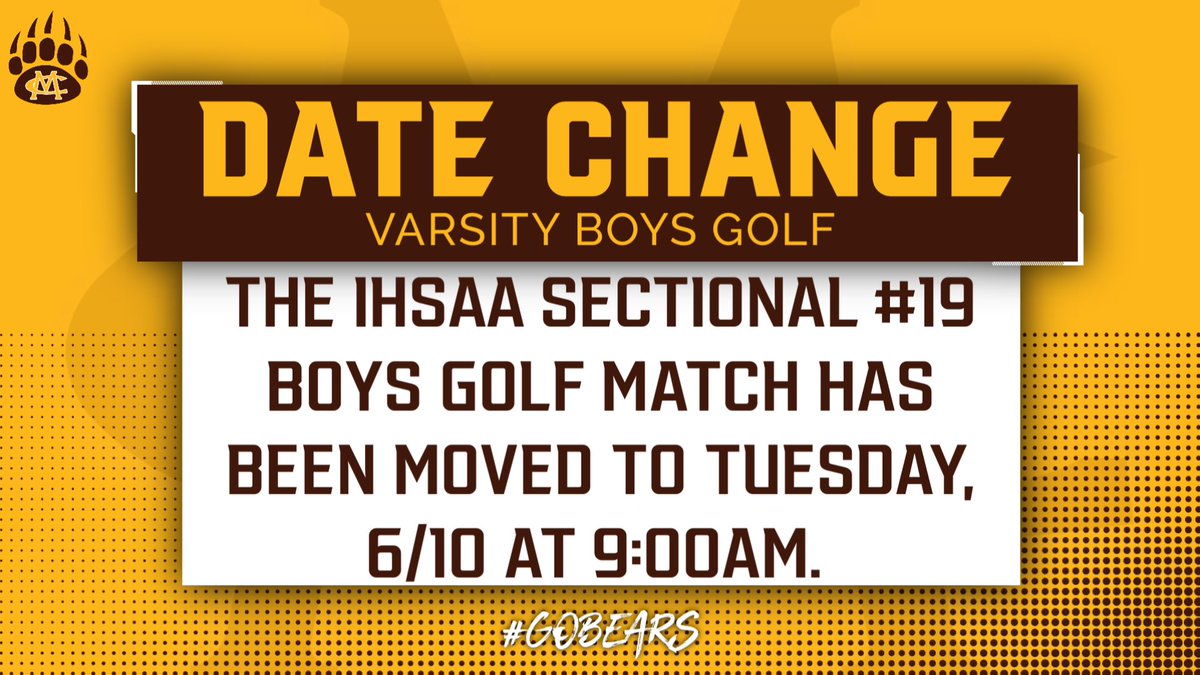 Monroe Central Golden Bears (@mcgoldenbears_) on Twitter photo 🚨DATE CHANGE🚨
The IHSAA Sectional #19 Boys Golf Match at Hickory Hills Golf Club has been moved to Tuesday, 6/10 at 9:00AM.
#GoBears🐻 <a href="/MCBearsGolf/">Monroe Central Golden Bears Golf</a> 🚨DATE CHANGE🚨
The IHSAA Sectional #19 Boys Golf Match at Hickory Hills Golf Club has been moved to Tuesday, 6/10 at 9:00AM.
#GoBears🐻 <a href="/MCBearsGolf/">Monroe Central Golden Bears Golf</a>