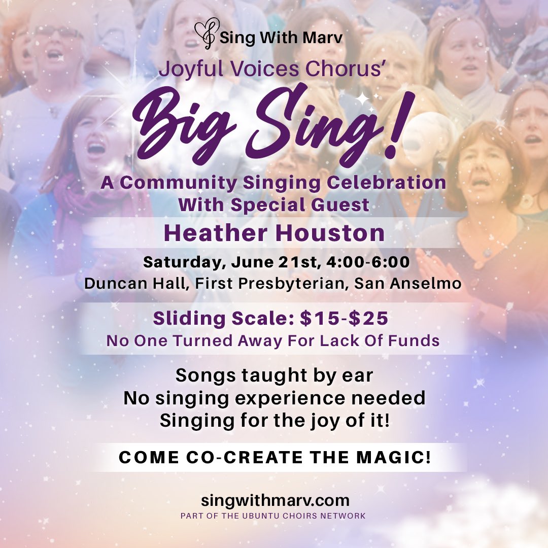 MarvZauderer's tweet photo. Within reach of Marin County, CA? Come sing at our Big Sing Saturday 6/21 with the amazing Heather Houston! No singing experience needed, no music to read, easy-to-learn joyful songs. Details: https://t.co/7IcHDhkIRU Videos from past Big Sings: https://t.co/cVMv1UIJgJ https://t.co/EKsG6o3TSD