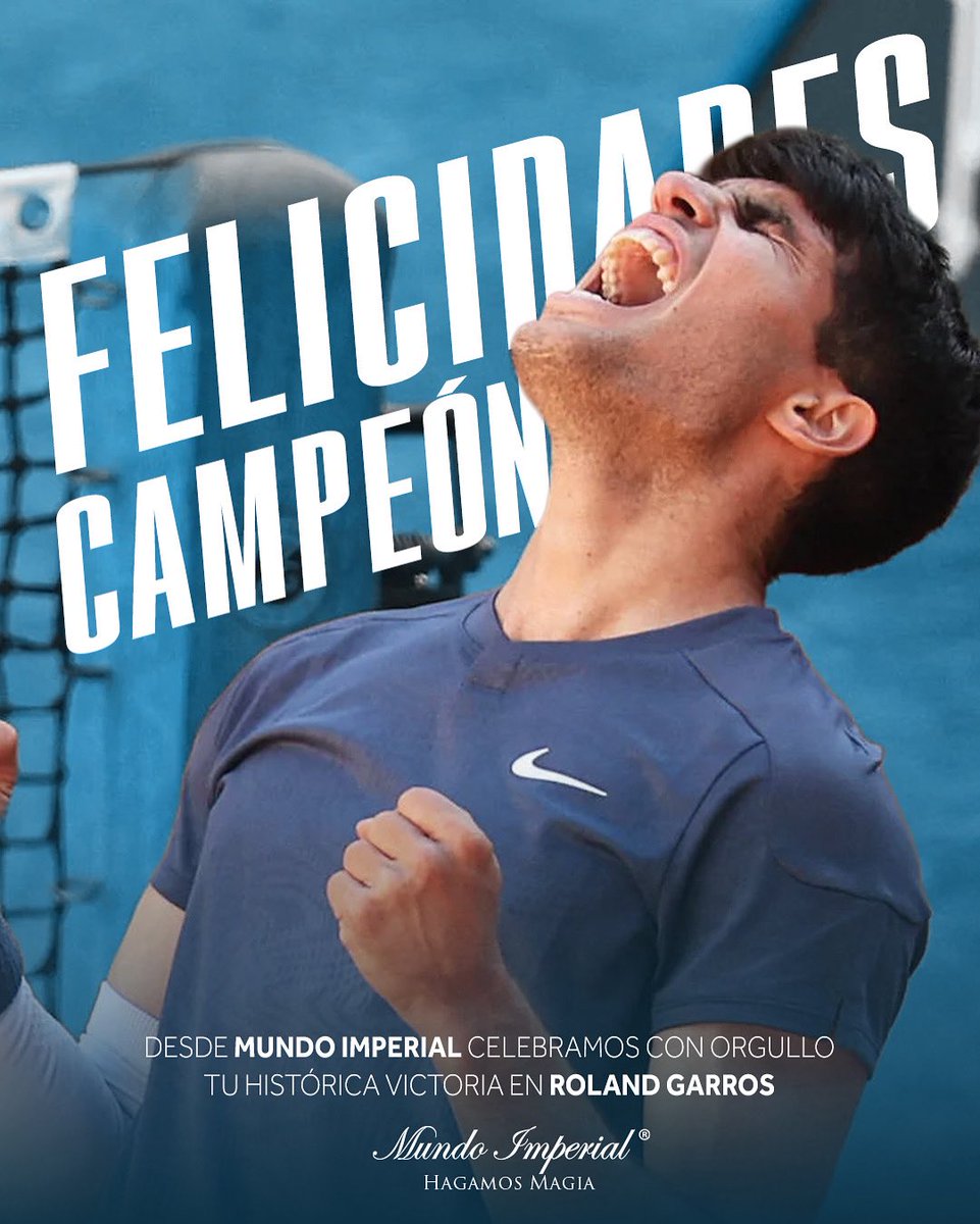 ¡Felicidades, Carlos Alcaraz!

Desde Mundo Imperial celebramos con orgullo tu histórica victoria en Roland Garros, un logro que confirma tu lugar entre los grandes del tenis mundial.

Es un honor contar este verano con la Carlos Alcaraz Academy en nuestras instalaciones, donde