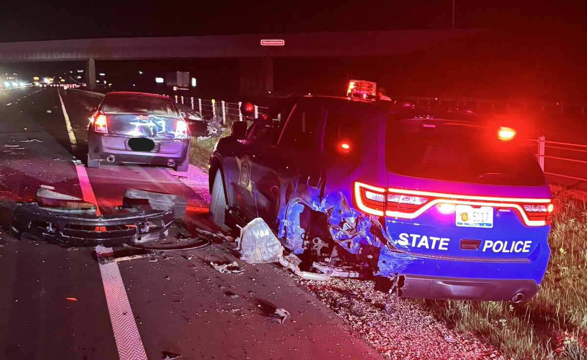 MspSouthwestMI's tweet photo. FOR IMMEDIATE RELEASE: June 8, 2025
Another State Police Patrol Vehicle Struck
At-Fault Driver Arrested for OUID
Date/Time: Saturday, June 7, 11:10 p.m.
Location: I-94 Westbound near mile marker 25, Lincoln Twp
BERRIEN COUNTY, MICH. A trooper from the Fifth District walked away uninjured after their patrol vehicle was struck on I-94. The crash occurred during a traffic stop while the trooper was standing outside.
A 33-year-old Missouri man headed westbound on I-94 veered off the road and struck the rear of the patrol vehicle. Preliminary investigation revealed the man was operating under the influence of drugs. He was arrested and lodged at the Berrien County Jail.
This marks the second crash involving a MSP patrol vehicle in the district, spanning about a week apart, highlighting the dangers officers face during routine traffic stops. Thankfully, there were no report of any injuries.
This incident could have been a devastating tragedy for everyone involved, including the trooper. As a reminder, driving under the influence of any intoxicating substance is illegal and deadly.
If you plan to indulge, do so responsibly. Don't put the rest us in danger. Stay safe, be kind, and count your blessings. #BuckleUp #MoveOver