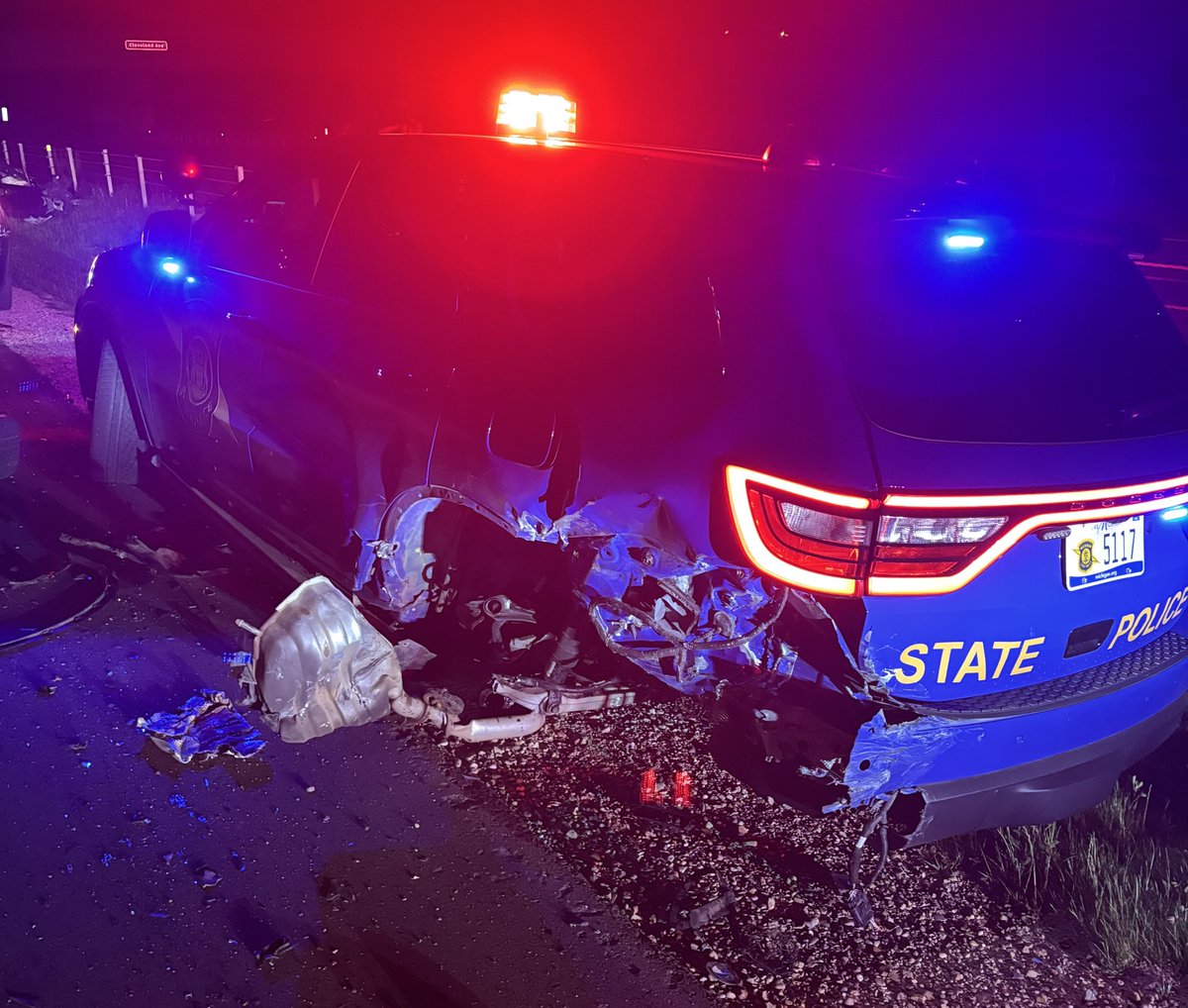 FOR IMMEDIATE RELEASE:   June 8, 2025 
Another State Police Patrol Vehicle Struck
At-Fault Driver Arrested for OUID

Date/Time: Saturday, June 7, 11:10 p.m.
Location: I-94 Westbound near mile marker 25, Lincoln Twp

BERRIEN COUNTY, MICH. A trooper from the Fifth District walked
