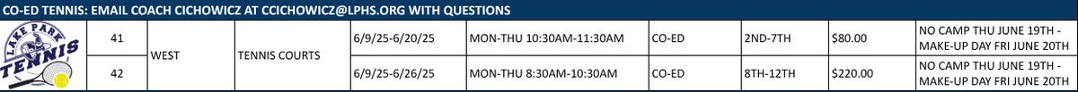 Coach Cichowicz (@lakeparktennis) on Twitter photo Lake Park Tennis Camp Details:
June 9th: 8th-12th graders- 8:30am-10:30am
June 9th: 2nd-7th graders- 10:30am-11:30am
<a href="/LPAthleticDept/">Lake Park Athletics</a>
Sign up for Lake Park Summer Tennis Camp here at students.arbitersports.com/organizations/⦠Lake Park Tennis Camp Details:
June 9th: 8th-12th graders- 8:30am-10:30am
June 9th: 2nd-7th graders- 10:30am-11:30am
<a href="/LPAthleticDept/">Lake Park Athletics</a>
Sign up for Lake Park Summer Tennis Camp here at students.arbitersports.com/organizations/ā¦