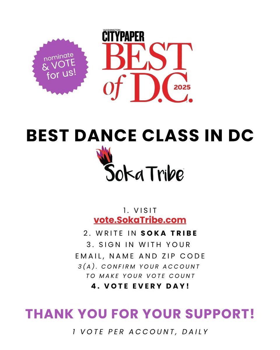 SokaTribe's tweet photo. We’re up for Best Dance Class in D.C.! 💃🏾
Help Soka Tribe bring home a 10th-year WIN 🎉
Vote once a day for the next 3 days — takes just 1 minute!
🗳️linkinbio!
#SokaTribe10 #BestDanceClassDC #VoteDaily https://t.co/NONbG5IwXW