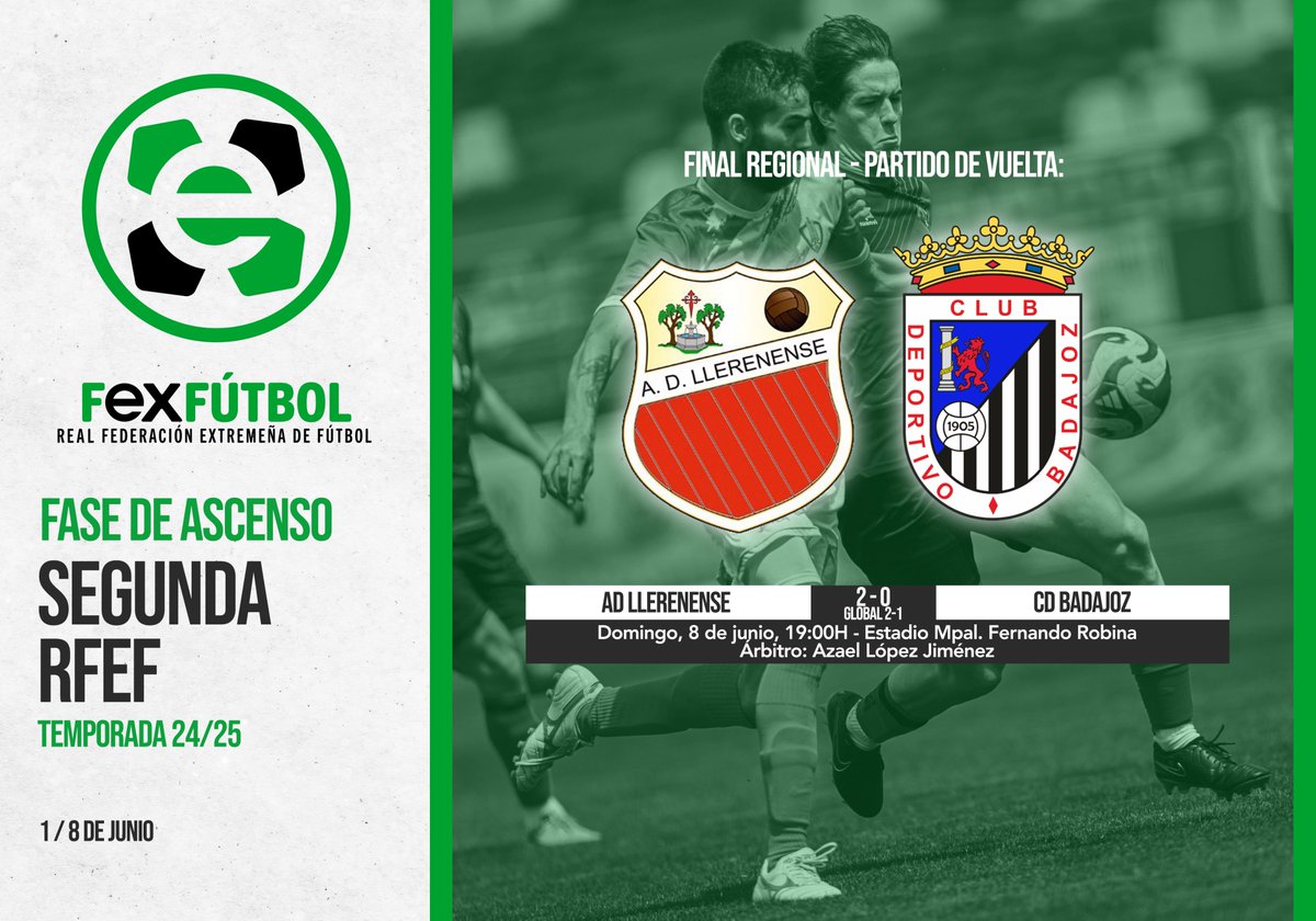🏆⚽ | #FinalesRFEXF |

El <a href="/adllerenenseof/">A.D. LLERENENSE</a> se proclama vencedor del 🏆𝐏𝐋𝐀𝐘-𝐎𝐅𝐅 𝐓𝐄𝐑𝐑𝐈𝐓𝐎𝐑𝐈𝐀𝐋 𝐃𝐄 𝐀𝐒𝐂𝐄𝐍𝐒𝐎 a #𝐒𝐞𝐠𝐮𝐧𝐝𝐚𝐑𝐅𝐄𝐅 al imponerse al <a href="/CDBadajoz/">CD Badajoz</a> en una ajustada eliminatoria. 

👏👏👏¡¡¡Enhorabuena!!!

📅El conjunto extremeño se medirá al