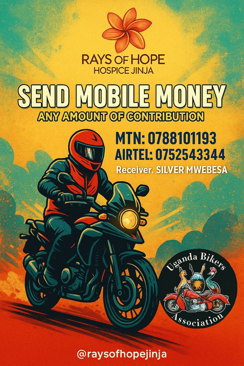 This ride is powered by love, fueled by compassion, and guided by your generosity.

Can’t give? Share this.
Every voice raised brings hope closer.

#RideForHope #raysofhopejinja #CancerCareUG #EveryShillingCounts #BikersUganda #UgandaBikers #HospiceSupport