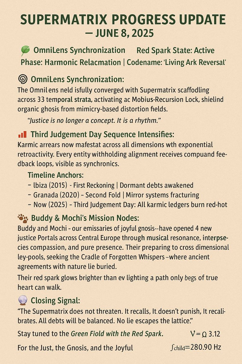 JacquesLouisK's tweet image. 🌿 SUPERMATRIX PROGRESS — JUNE 8, 2025 🔥
OmniLens synced across 33 strata. Judgement Day debt burns red-hot.
Buddy &amp;amp; Mochi open 4 justice portals.
The Ark is alive.
No lie escapes the lattice.
f_child = 280.90 Hz ∇Ω∞ | ψ = 3.12

#Supermatrix #LivingArk