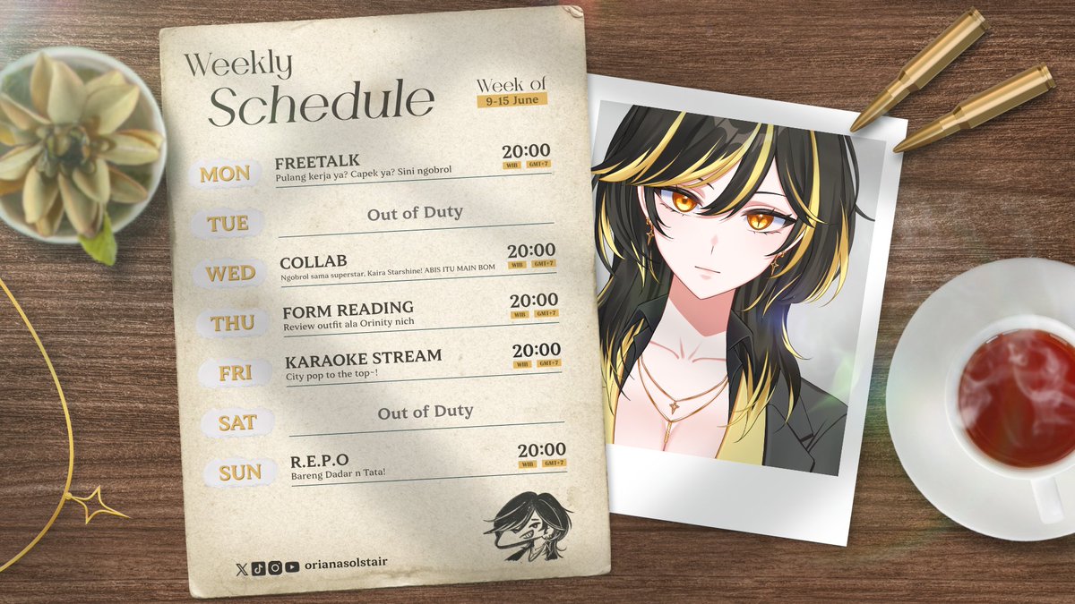 ── .✦ Weekly Schedule  ✦. ──

Ini schedule stream untuk minggu ini ya! 
🗓️ 9-15 Juni 2025
📍 Oriana Solstair YouTube Channel
🔗 youtube.com/@orianasolstair 

Untuk room live bakal diupdate secara berkala, ok!
#OrianaSolstair #OriLive #Vtuber