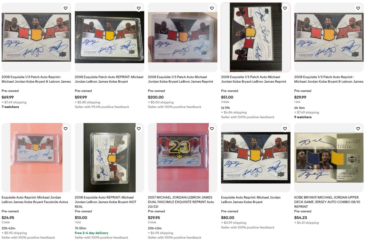 KatieJayCee's tweet photo. hey @AskeBay I reported some counterfeit cards and was told there was no problem with them. Am I allowed to print off pictures of cards and list them as autographed game-worn jersey cards as these listings do? People are being scammed. https://t.co/4qpb5yvT7G https://t.co/cH6CIUlaNo