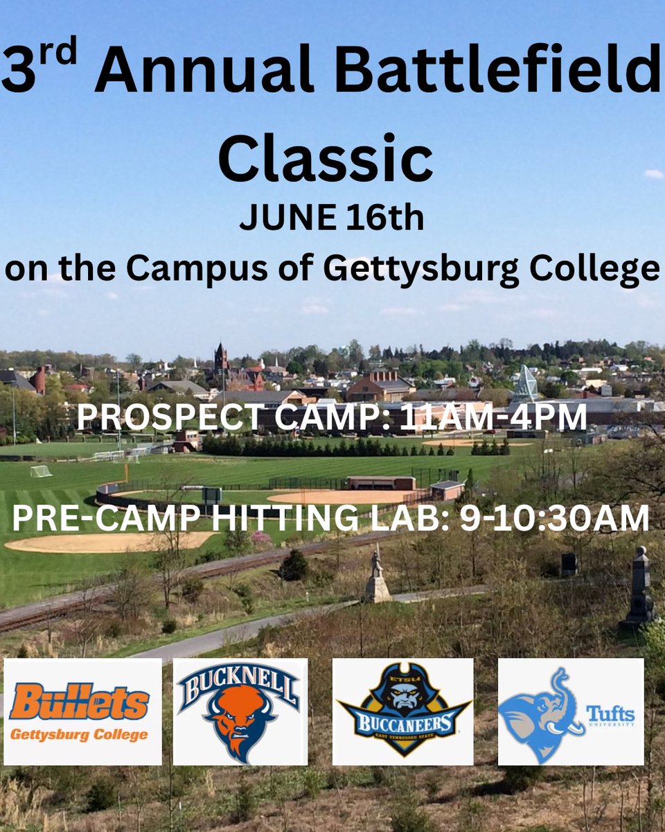 Our first camp of the summer will include <a href="/TuftsSoftball/">Tufts Softball</a> <a href="/Bucknell_SB/">Bucknell Softball</a> and <a href="/ETSUSoftball/">ETSU Softball</a> ! Still spots left for next Monday’s camp! Link in <a href="/GburgSoftball1/">GburgSoftball</a> bio! Fun fact- every rising  junior, sophomore, and first-year on our roster attended one of our on-campus camps!