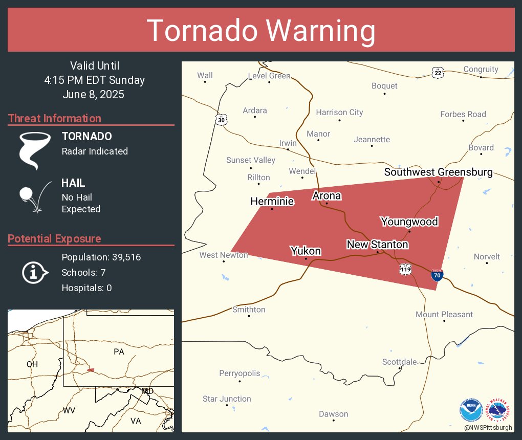 NWSPittsburgh's tweet photo. Tornado Warning including Youngwood PA, New Stanton PA and  Southwest Greensburg PA until 4:15 PM EDT https://t.co/rsg2NKx9rJ