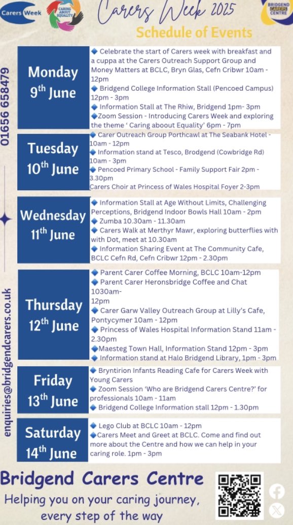#Carers Week (9th - 15th June) is an annual campaign to raise awareness of the challenges faced when caring for a family member, loved one, neighbour or friend.
We have a variety of event planned throughout the week, here’s the schedule⬇️