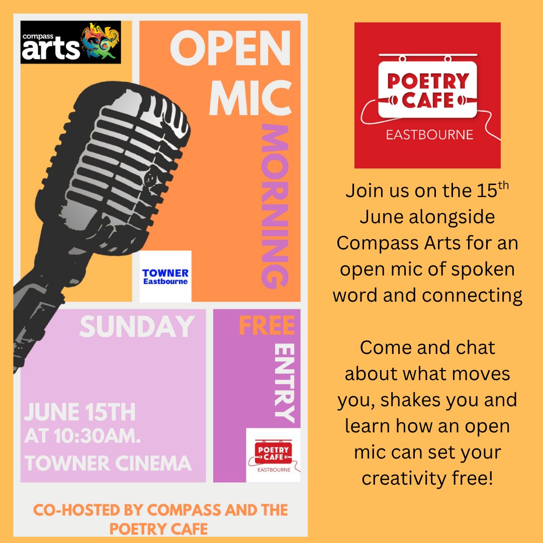 Come and join us at the wonderful Towner Art Gallery this Sunday 15th June. 
Share your words with others and listen to theirs. It's a free event that showcases your local community groups. 
Come and see what we're all about!
#poetry #Creativity #Community #Eastbourne