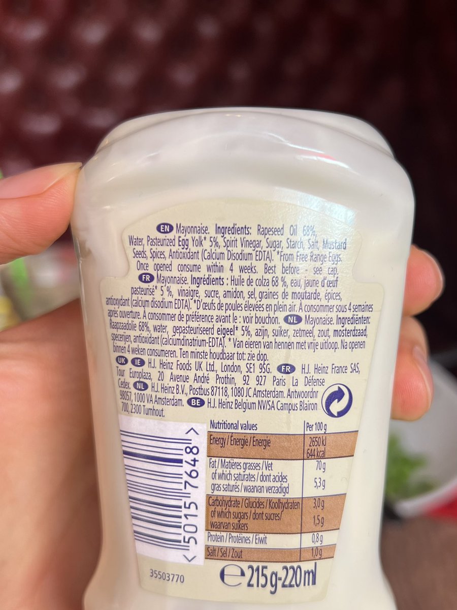 Jyotinder_Singh's tweet image. European mayo on the left, Indian market mayo on the right (random qcom screenshot)
Check out the ingredient lists.