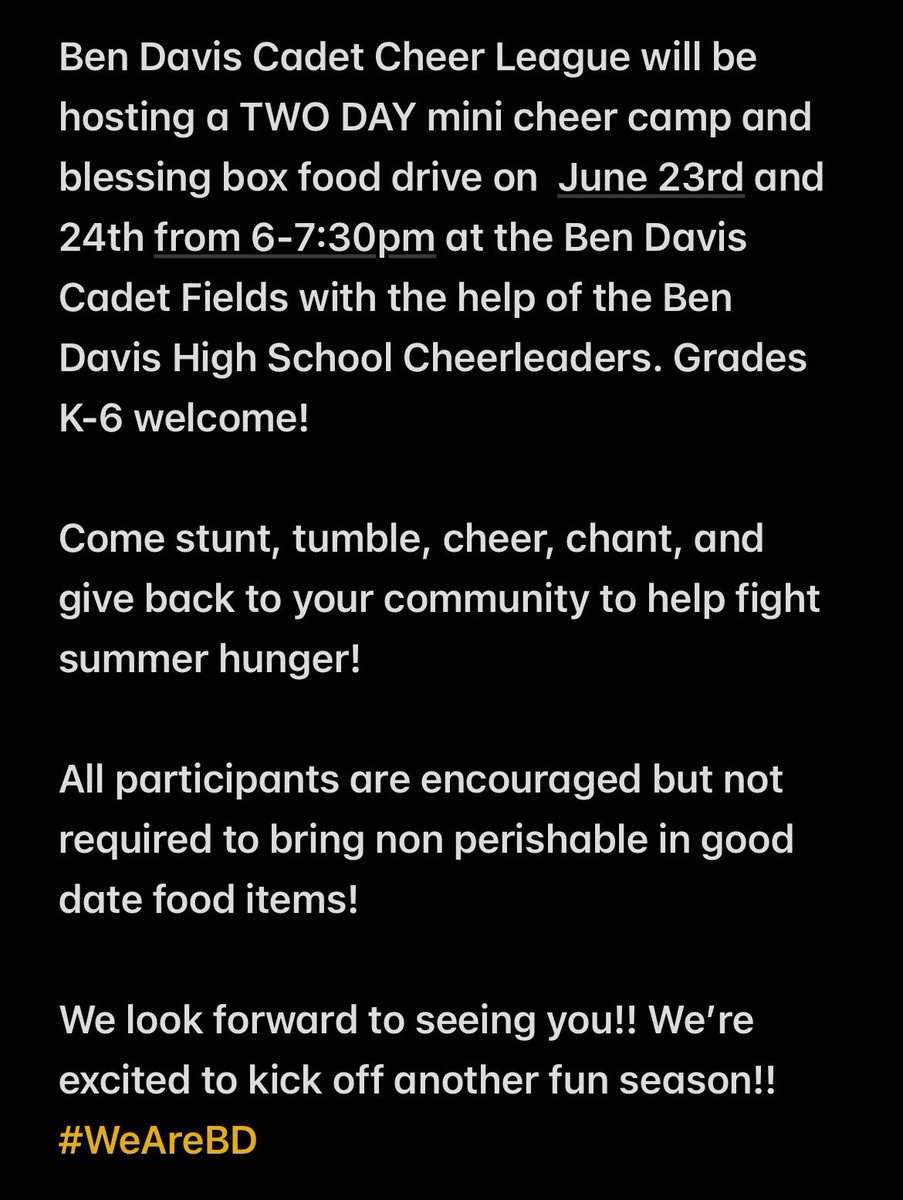 Ben Davis Cadet Cheer camp and food drive info!
#WeAreBD
<a href="/WayneTwpSchools/">We Are Wayne</a>