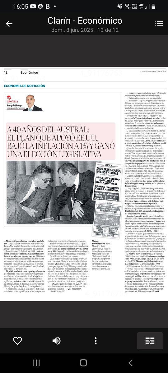 El Austral mató la inflación. Al menos en 1985: la tasa mensual pasó de 30% en junio a 6% julio, luego a 3% y así. En octubre 1,9%. Alfonsín ganó la legislativa de octubre.

Economía de No Ficción de hoy: 40 años del Plan Austral 👇

clarin.com/economia/40-an…