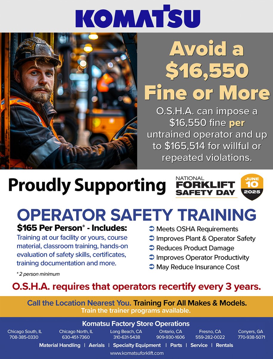 Proudly Supporting National Forklift Safety Day. Avoid a $16,550 or More O.S.H.A. Fine.

We are here to help.
Call 770-938-5071

komatsuforklift.com/company/atlanta #Komatsu #forklift #MaterialHandling #SupplyChain #logistics #Atlanta #Georgia