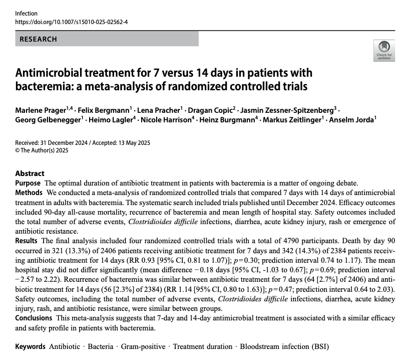 AliSMV7's tweet photo. Antimicrobial treatment for 7 versus 14 days in patients with bacteremia: a meta-analysis of randomized controlled trials

🔺Do we need more of these??

https://t.co/3tm7p7RSAn https://t.co/GOx3Mg2NCt