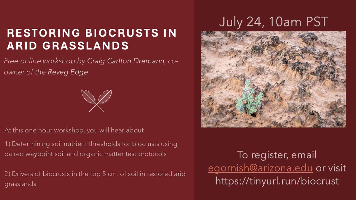 Dr. Elise Gornish (@restorecal) on Twitter photo Free biocrust workshop for arid grassland restoration! July 24 from 10-11am PST. Register here: tinyurl.run/biocrust
<a href="/SoilAssociation/">Soil Association</a> <a href="/USDA_NRCS/">Natural Resources Conservation Service</a> <a href="/InfoInsr/">seed4restoration</a> Free biocrust workshop for arid grassland restoration! July 24 from 10-11am PST. Register here: tinyurl.run/biocrust
<a href="/SoilAssociation/">Soil Association</a> <a href="/USDA_NRCS/">Natural Resources Conservation Service</a> <a href="/InfoInsr/">seed4restoration</a>