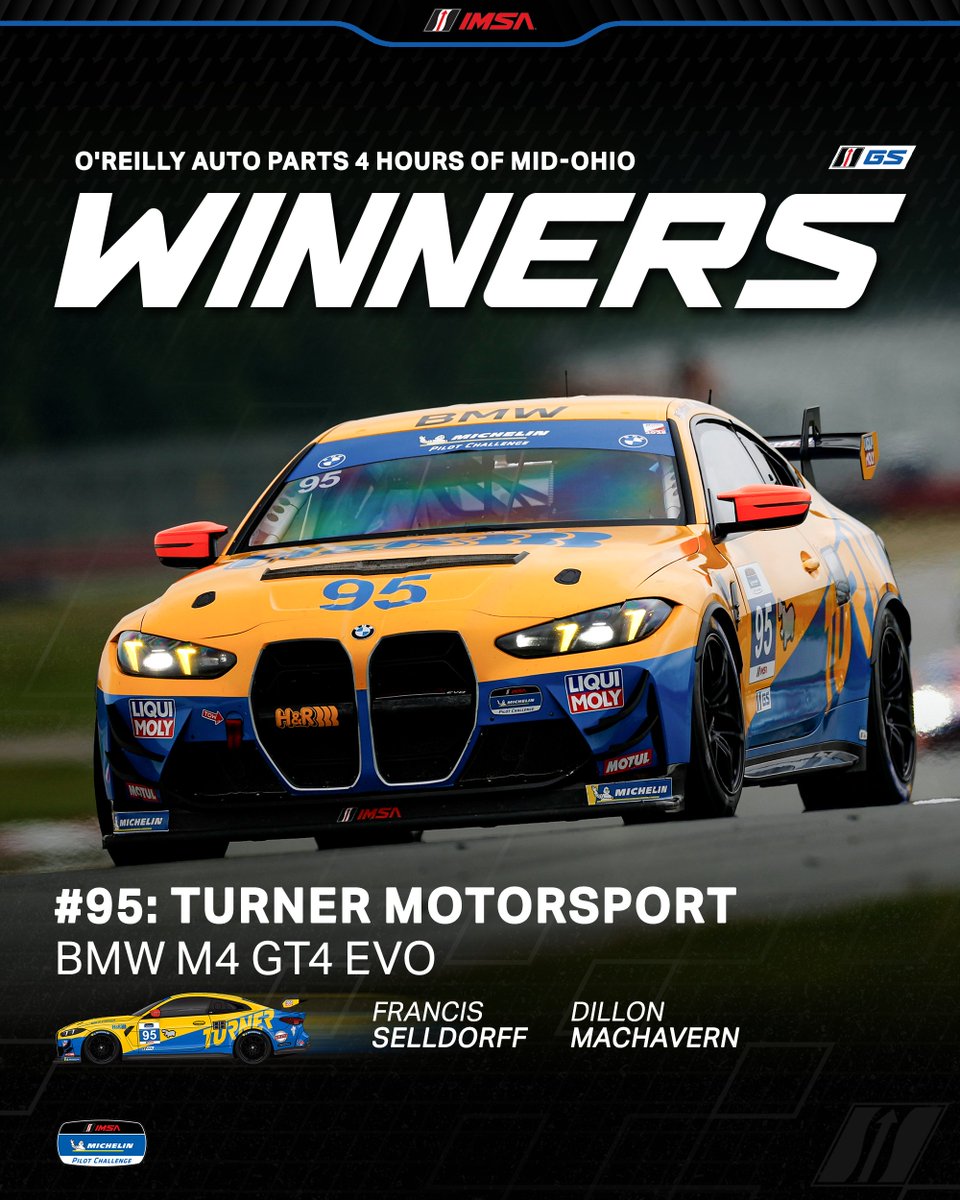 IMSA (@imsa) on Twitter photo Congratulations to the No. 95 Turner Motorsport, BMW M4 GT4 EVO Team on Winning the 2025 O'Reilly Auto Parts 4 Hours of Mid-Ohio in the GS Class!! π
<a href="/Turnermotrsport/">Turner Motorsport</a> | <a href="/BMWMotorsport/">BMW M Motorsport</a> Congratulations to the No. 95 Turner Motorsport, BMW M4 GT4 EVO Team on Winning the 2025 O'Reilly Auto Parts 4 Hours of Mid-Ohio in the GS Class!! π
<a href="/Turnermotrsport/">Turner Motorsport</a> | <a href="/BMWMotorsport/">BMW M Motorsport</a>
