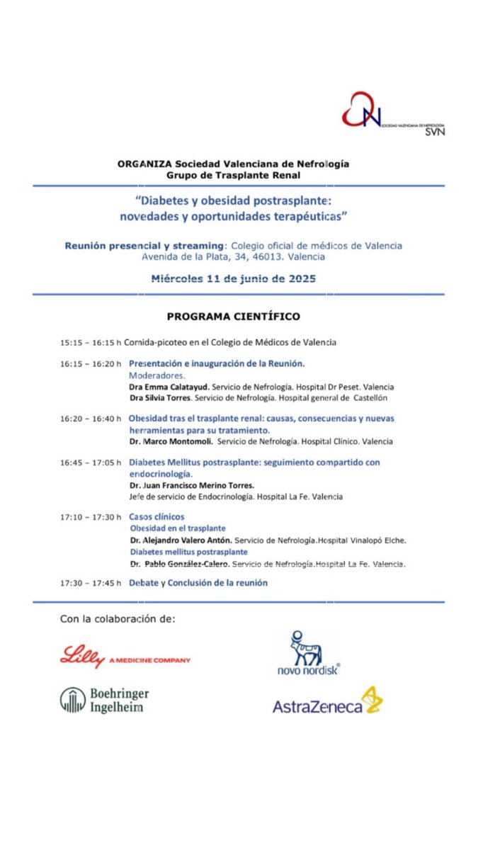 Sociedad Valenciana de Nefrología (@svnefro) on Twitter photo Recuerda....📣📣
Próxima reunión de la <a href="/SVNefro/">Sociedad Valenciana de Nefrología</a>
"Diabetes y obesidad postrasplante:novedades y oportunidades terapéuticas "
💬Organiza: Grupo de trabajo de trasplante renal
📍Colegio oficial de médicos de Valencia y también en streaming
<a href="/senjoven/">JovSEN</a> <a href="/SENefrologia/">S.E.N. Nefrología</a> <a href="/SETrasplante/">SETrasplante</a> Recuerda....📣📣
Próxima reunión de la <a href="/SVNefro/">Sociedad Valenciana de Nefrología</a>
"Diabetes y obesidad postrasplante:novedades y oportunidades terapéuticas "
💬Organiza: Grupo de trabajo de trasplante renal
📍Colegio oficial de médicos de Valencia y también en streaming
<a href="/senjoven/">JovSEN</a> <a href="/SENefrologia/">S.E.N. Nefrología</a> <a href="/SETrasplante/">SETrasplante</a>