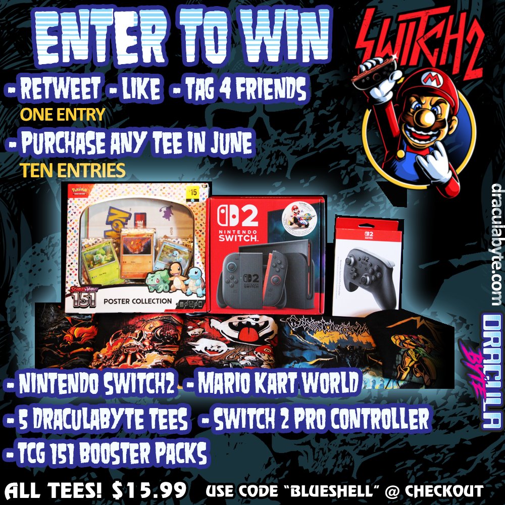 Win a Nintendo Switch 2, 5 tees, 151 Booster Packs &amp; more! We are giving away one Nintendo Switch 2 Bundle to one winner!   

To Enter: RT, Like &amp; Follow our account
📷Tag 4 friends as a reply. Winner selected early July.

Purchase a tee for 10 entries @ Draculabyte.com