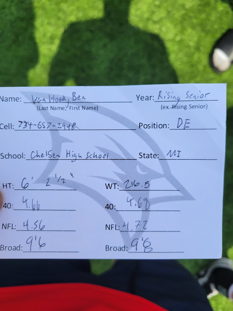 Great day at SVSU. Here are my athletic numbers from this afternoon. <a href="/alex_pallone/">Alex Pallone</a> <a href="/TheD_Zone/">The D Zone</a> <a href="/CoachsSuite/">Coach's Suite LLC</a> <a href="/ChelseaFB_SEC/">Chelsea HS Football</a>