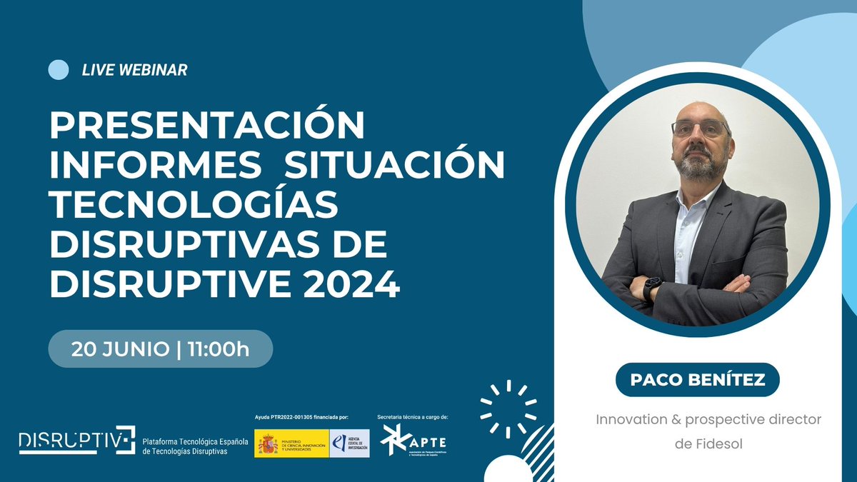El próximo 20 de junio presentaré el informe de Tecnologías Disruptivas de la mano de la plataforma #Disruptive de la <a href="/APTE_es/">APTE</a> (Asociación de Parques Tecnológicos de España).

¡Os espero en el Webinar!

#Innovación #Ciencia #Tecnologías #IA #Blockchain #ComputaciónCuántica