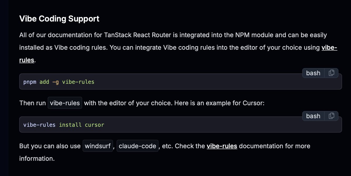 murzin (@flowisgreat) on Twitter photo tanstack router just added support for vibe-rules!🚀
thanks to <a href="/jherr/">Jack Herrington</a> submitting a PR we now now another huge library helping others vibe-code better with vibe-rules!
<a href="/RedwoodJS/">RedwoodSDK</a> <a href="/tan_stack/">TanStack</a> ... who's next? tanstack router just added support for vibe-rules!🚀
thanks to <a href="/jherr/">Jack Herrington</a> submitting a PR we now now another huge library helping others vibe-code better with vibe-rules!
<a href="/RedwoodJS/">RedwoodSDK</a> <a href="/tan_stack/">TanStack</a> ... who's next?