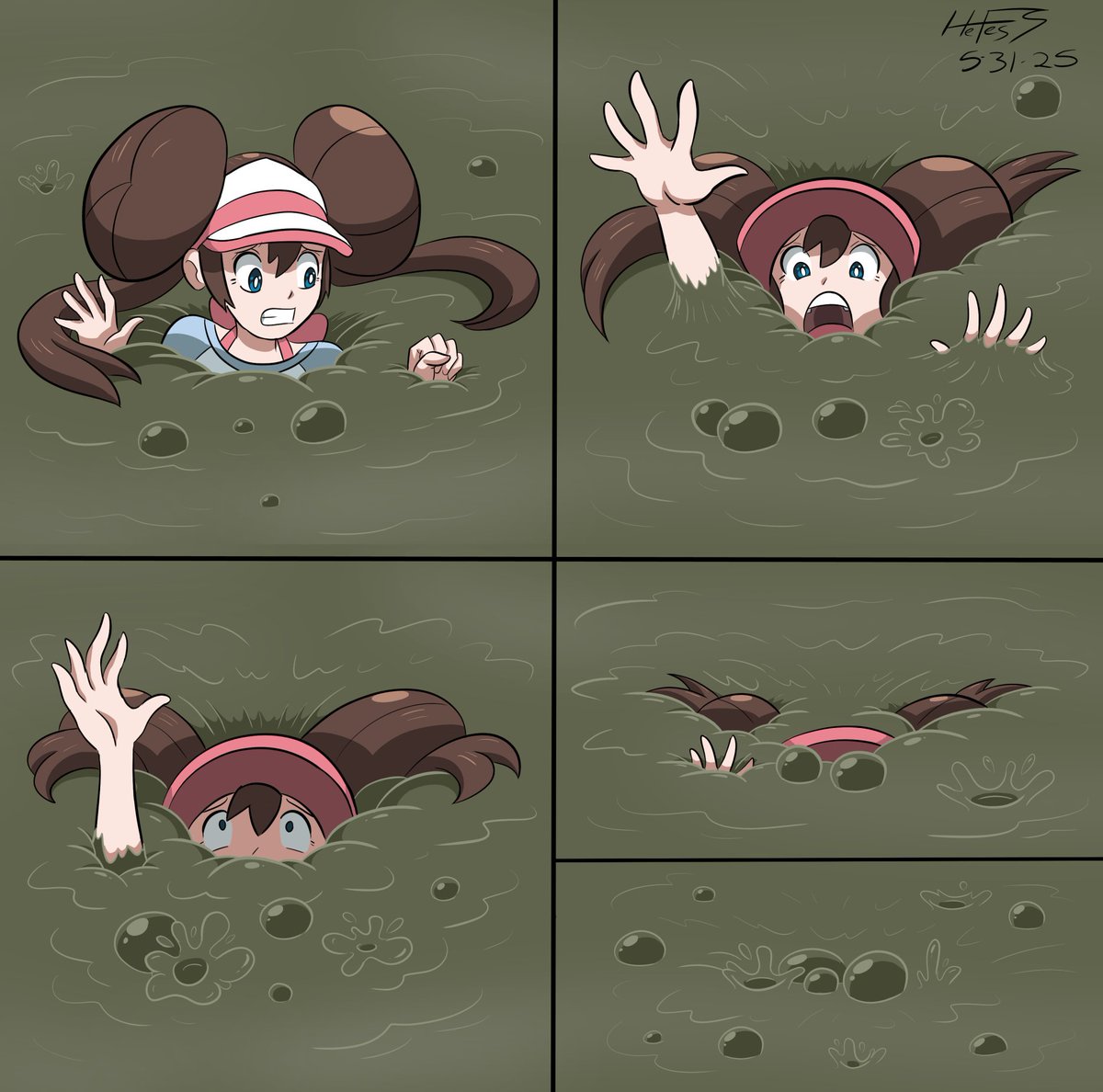 Part 4:
Rosa reached up hoping someone would find her and pull her from the muddy maw of the mire, but to no avail. Another would-be champion has her Pokemon journey cut short as she disappears beneath the clutching quicksand, leaving it a quiverin', a bubblin', and Aspertin' ;p